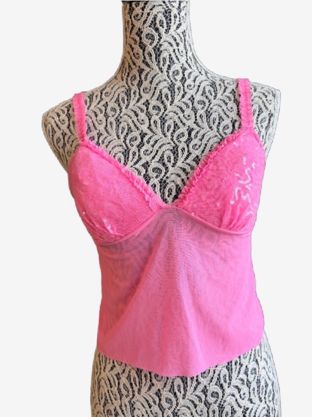 Passion Forever Pink Sequin Mesh Corset Cami Top M
